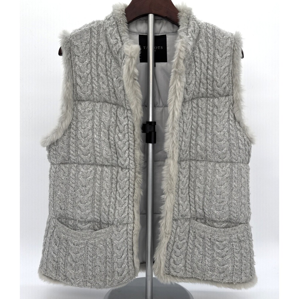 TALBOTS Faux Fur Trim Silver Metallic Cable-knit Sweater Vest w/Permaloft Sz M/P